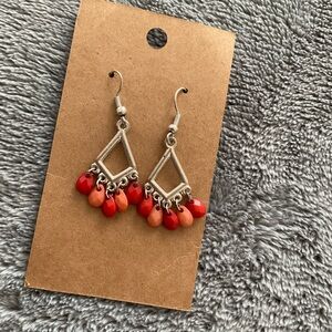 Silver Geometric Earrings with Red and Orange Beads